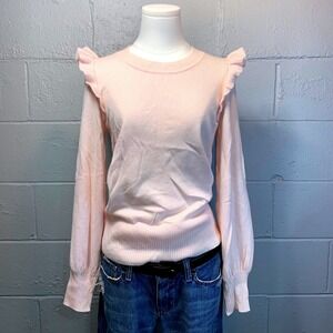 Qi Cashmere Womens Pink Ruffle Shoulder 100% Cashmere Crew Neck Sweater Small